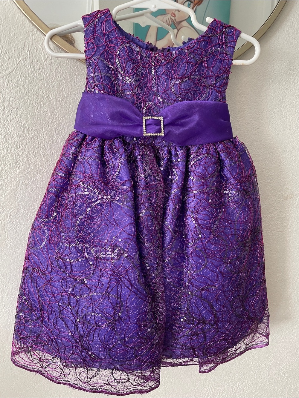 Purple Sequin Embellished Girls Dress with Satin Bow